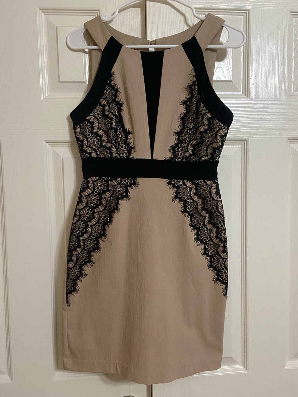 Teeze Me Tan and Black Lace Trim Sheath Dress